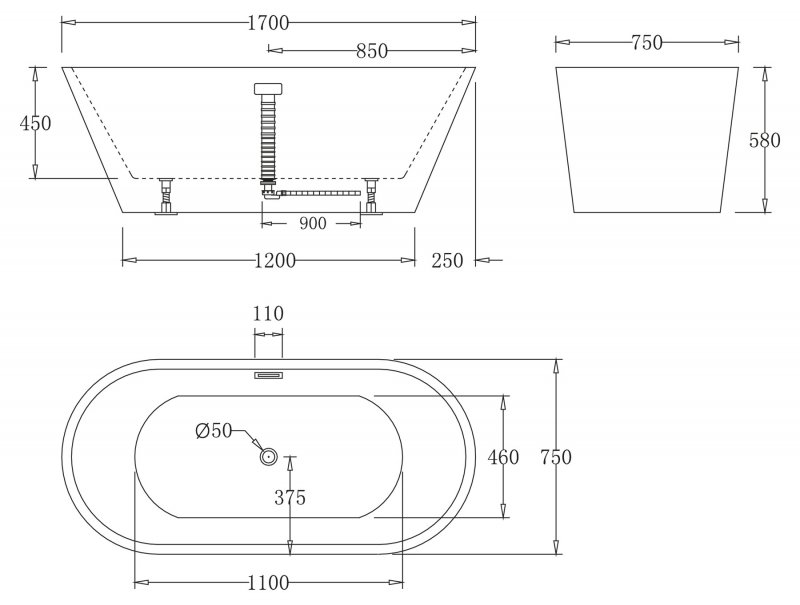 Ванна отдельно стоящая Belbagno BB61 170x75 схема 2