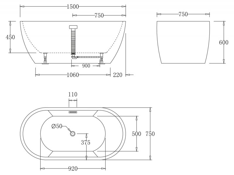 Отдельностоящая ванна Belbagno BB70 из акриловой массы 150x75 схема 3