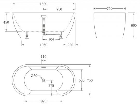 Отдельностоящая ванна Belbagno BB70 из акриловой массы 150x75 ФОТО