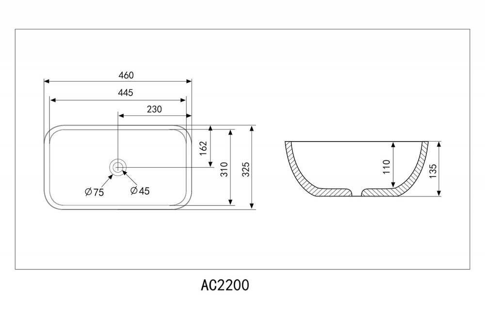 Раковина накладная ABBER Rechteck AC2200MBG темно-зеленая матовая 46х32,5 схема 2