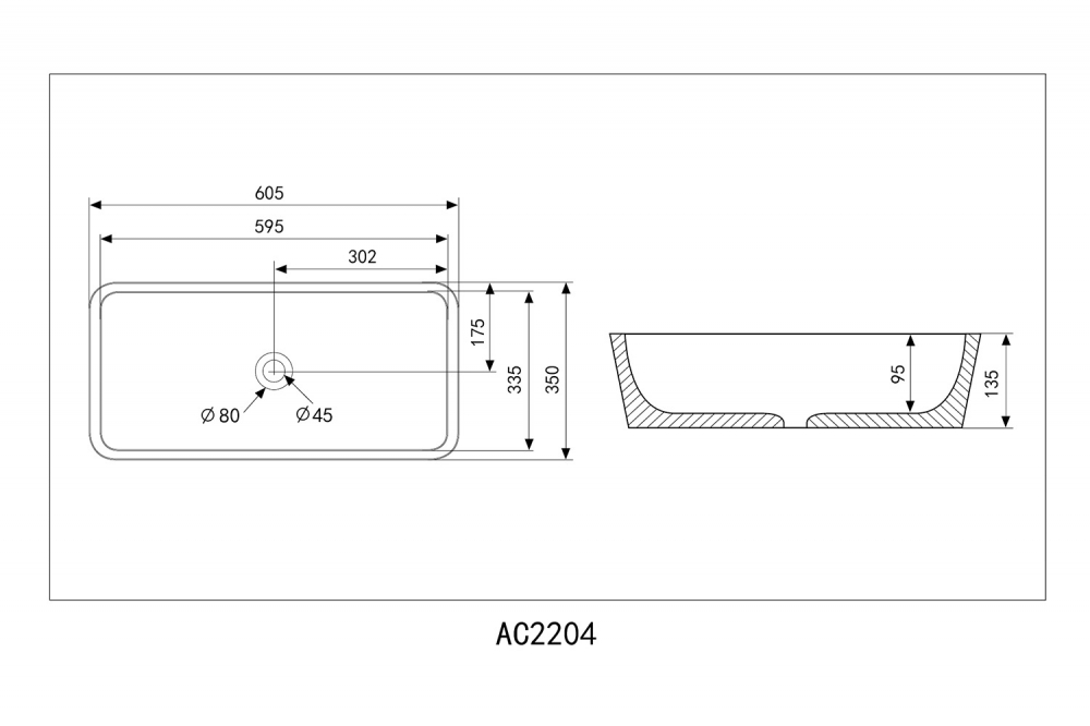 Накладная раковина ABBER Rechteck AC2204 60,5х35 белая схема 2