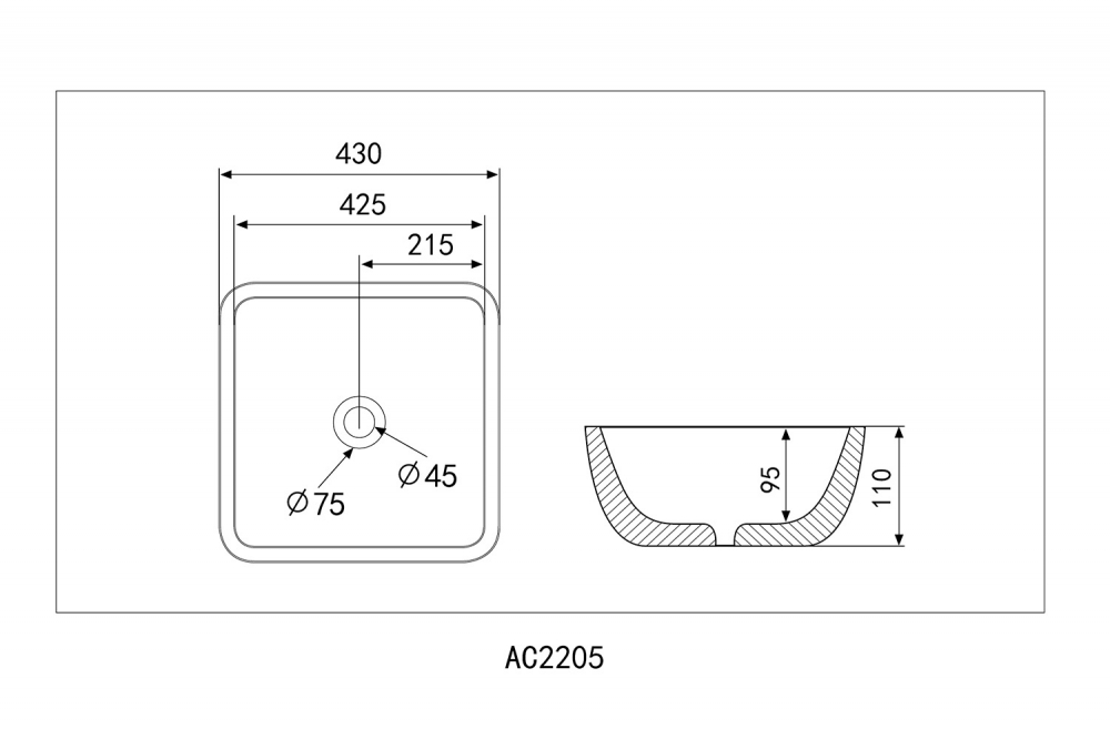 Раковина накладная ABBER Rechteck AC2205 43х43 белая схема 2