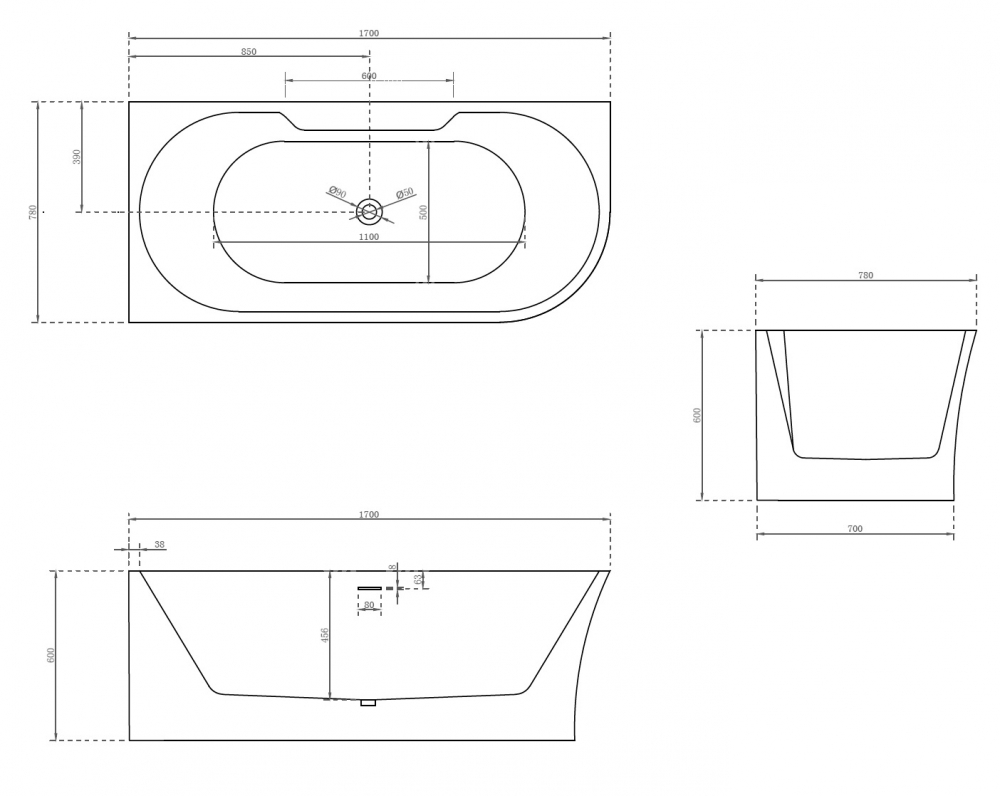 Ванна с закругленным углом ABBER AB9335-1.7 L 170х78 схема 2