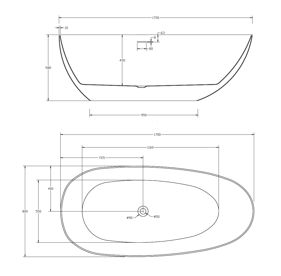 Ванна акриловая ABBER AB9211MB 170х80 схема 2