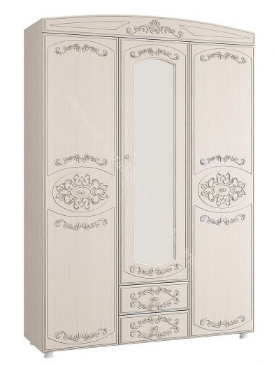 Шкаф 3 - х дверный с зеркалом Каролина (1500) (Патина), Вудлайн кремовый/Сандал белый