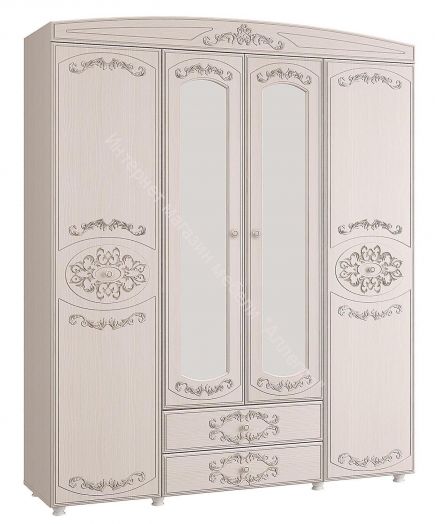 Шкаф 4 - х дверный с зеркалом Каролина (1800) (Патина), Вудлайн кремовый/Сандал белый