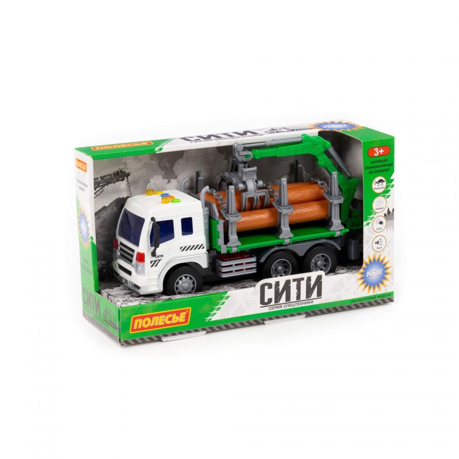 "Сити", автомобиль-лесовоз инерционный (со светом и звуком) (зелёный) (в коробке)