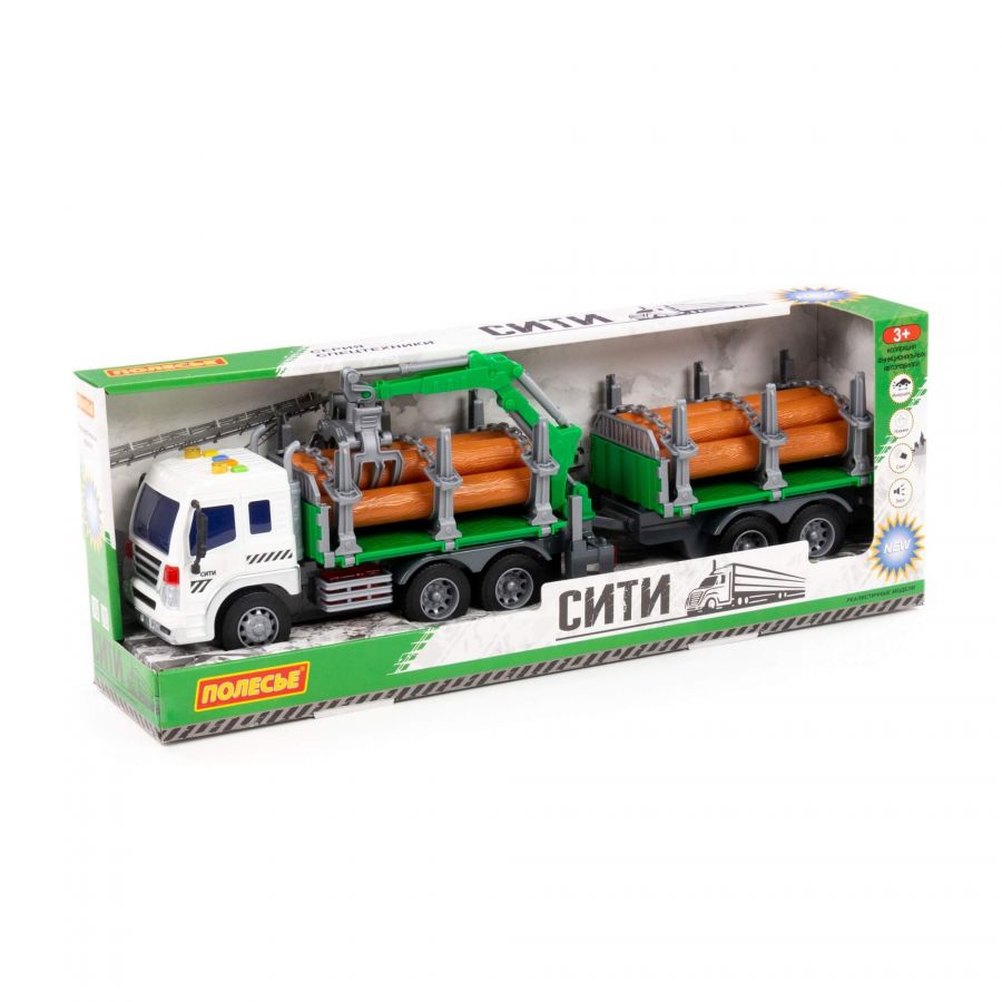 "Сити", автомобиль-лесовоз с прицепом инерционный (со светом и звуком) (зелёный) (в коробке)