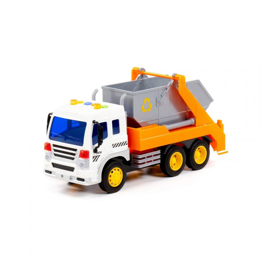 "Сити", автомобиль-контейнеровоз инерционный (со светом и звуком) (оранжевый) (в коробке)