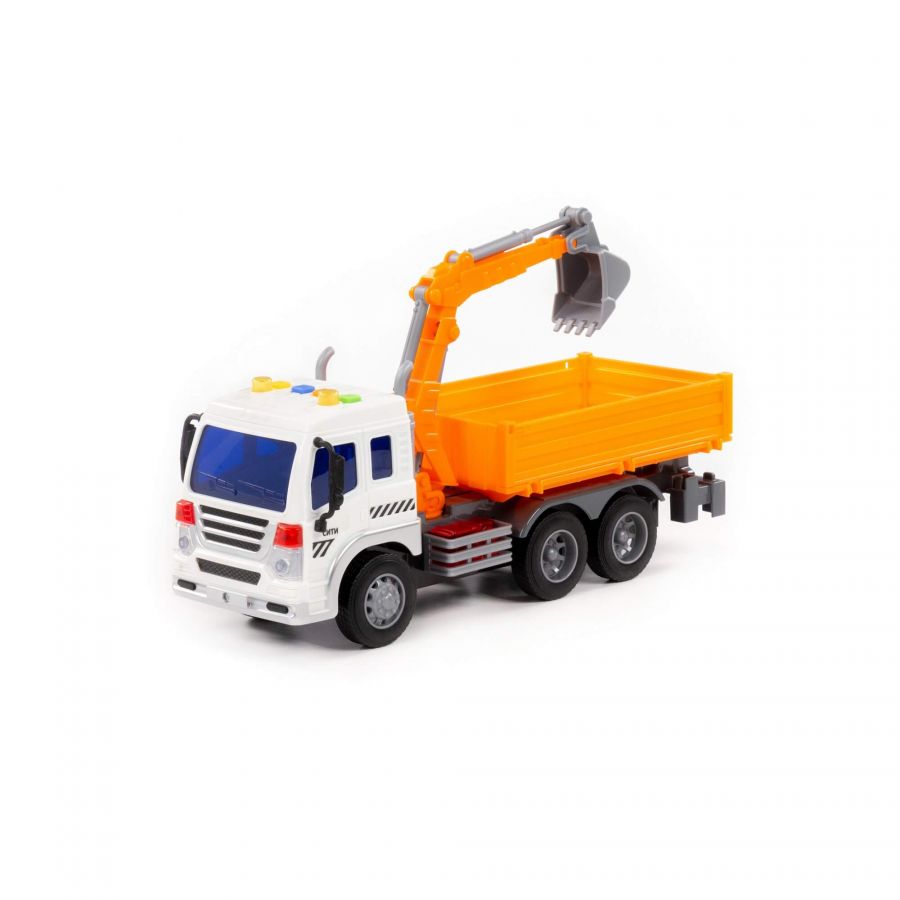 "Сити", автомобиль бортовой с ковшом инерционный (со светом и звуком) (оранжевый) (в коробке)