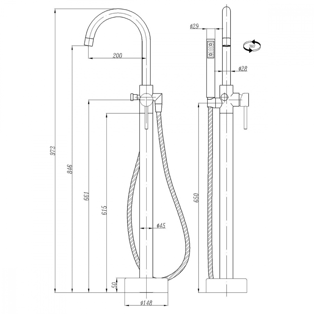 Смеситель ABBER Wasser Kreis AF8116B напольный, черный матовый схема 2