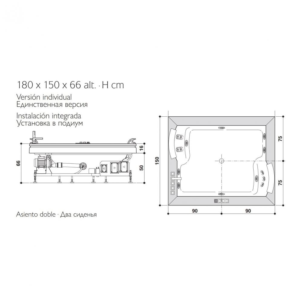 Гидромассажная ванна Jacuzzi Aura Plus Wood встраиваемая 180x150 схема 2