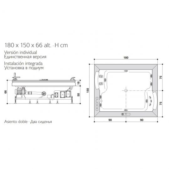 Гидромассажная ванна Jacuzzi Aura Plus Stone встраиваемая 180x150 схема 2