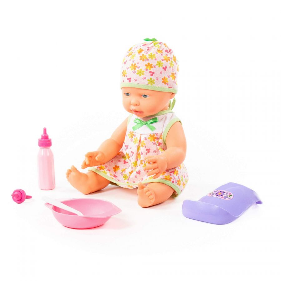 Пупс "Весёлый" (35 см) с соской + набор для кормления (4 элемента) (в коробке)