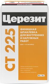 Шпатлевка Финишная 25 кг Ceresit CT 225 Белая для Внутренних и Наружных работ Толщина Слоя до 3 мм / Церезит СТ 225