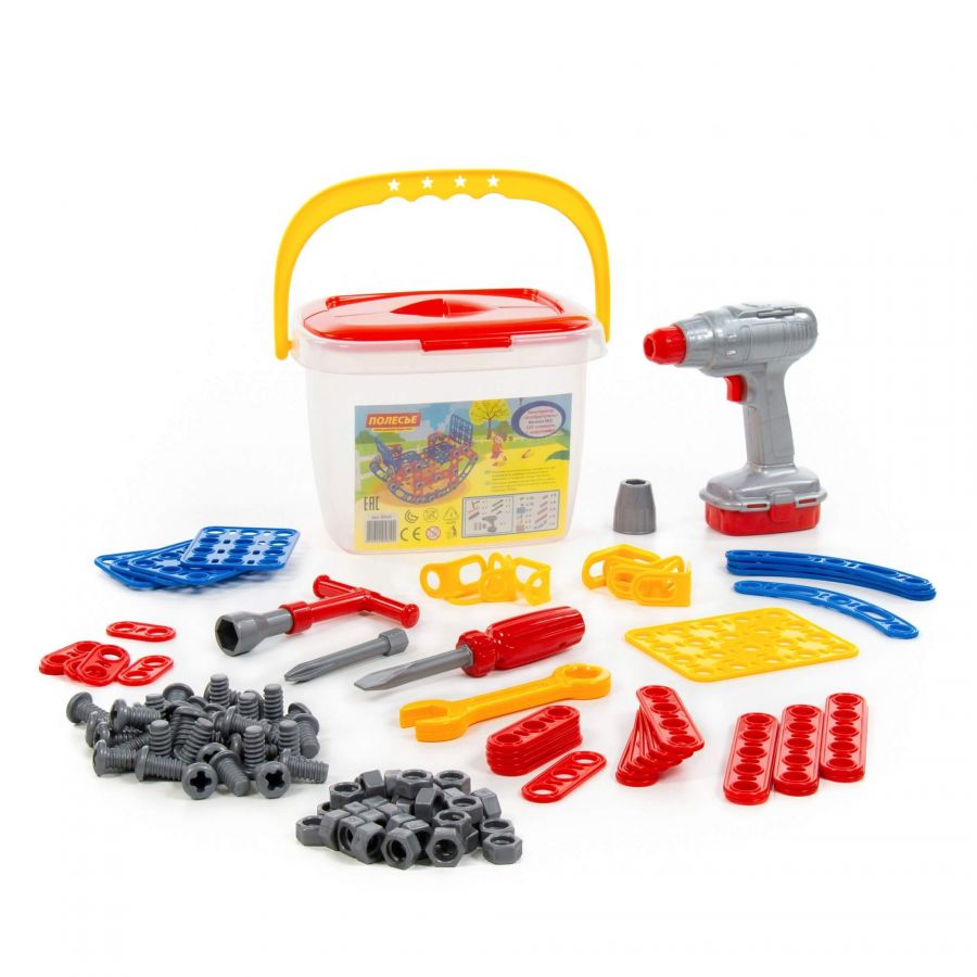 Конструктор "Изобретатель" - "Качели №2" (122 элемента) + шуруповёрт (в ведёрке)