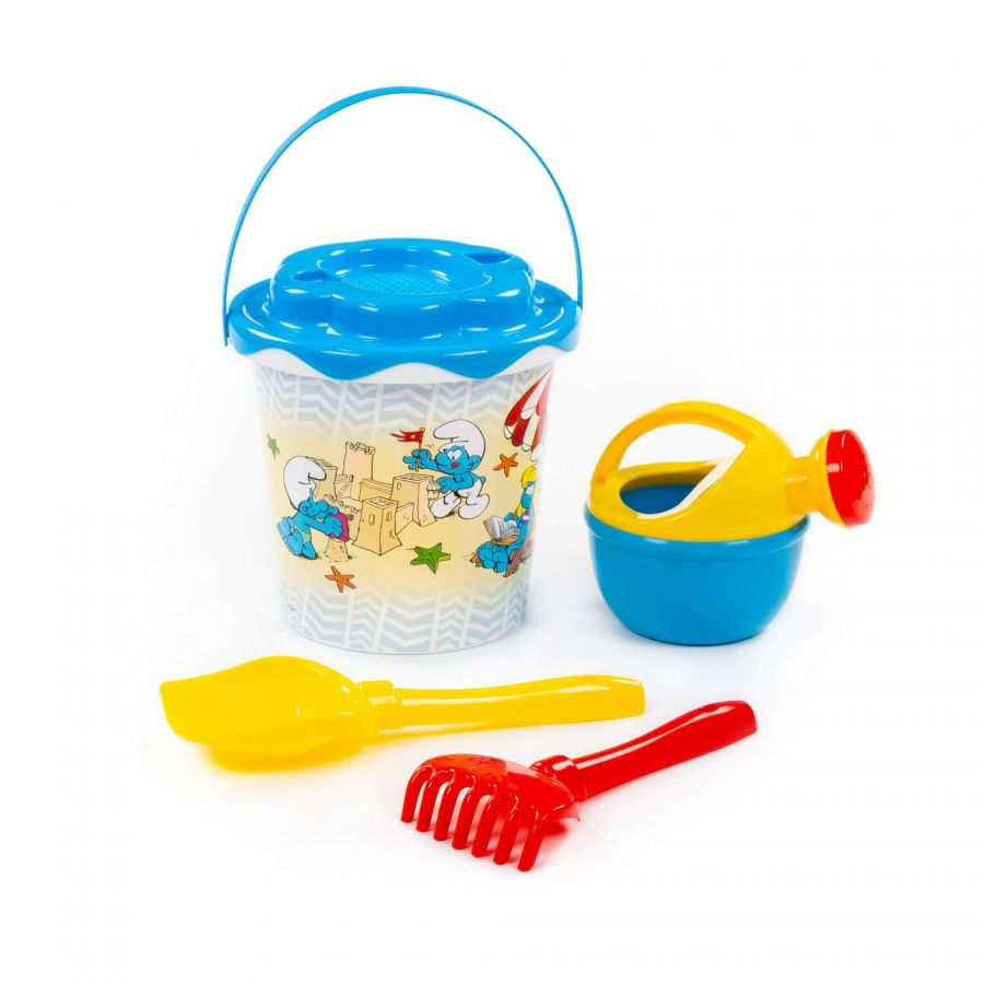 "Смурфики-1" набор №2: ведро с наклейкой, ситечко "Солнышко", лопатка №5, грабельки №5, лейка малая №4