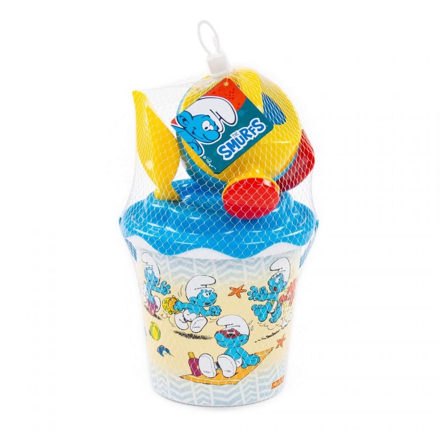 "Смурфики-1" набор №2: ведро с наклейкой, ситечко "Солнышко", лопатка №5, грабельки №5, лейка малая №4