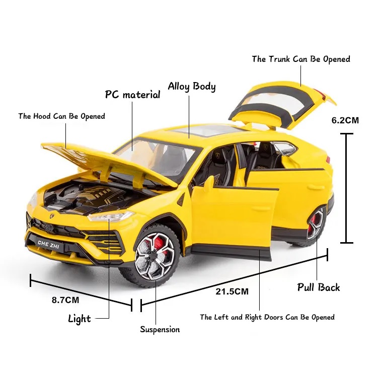 Модель металлическая Lamborgini Urus дым, свет, звук, поворотные колеса 1:24 CZ141AD