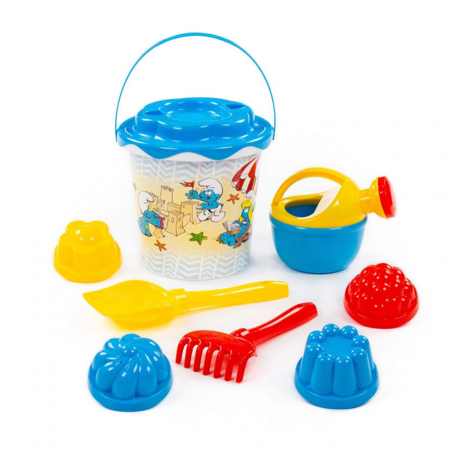 "Смурфики-1" набор №3: ведро с наклейкой, ситечко "Солнышко", лопатка №5, грабельки №5, лейка малая №4, формочки 4 шт.