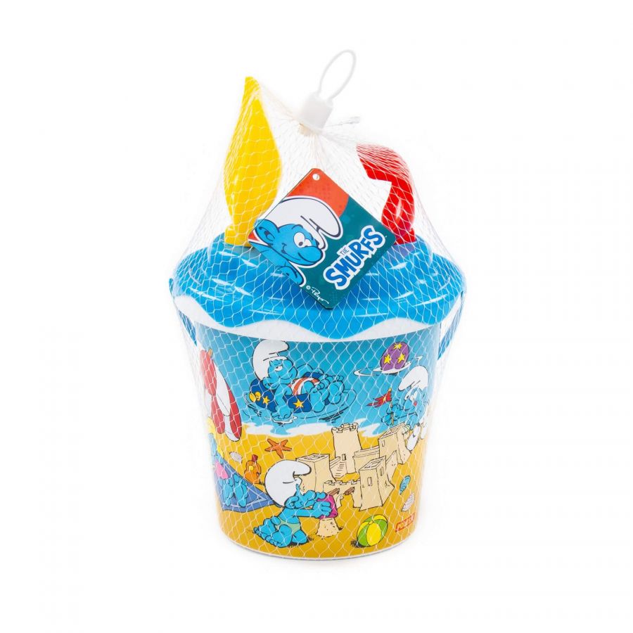 "Смурфики-2" набор №1: ведро с наклейкой, ситечко "Солнышко", лопатка №5, грабельки №5