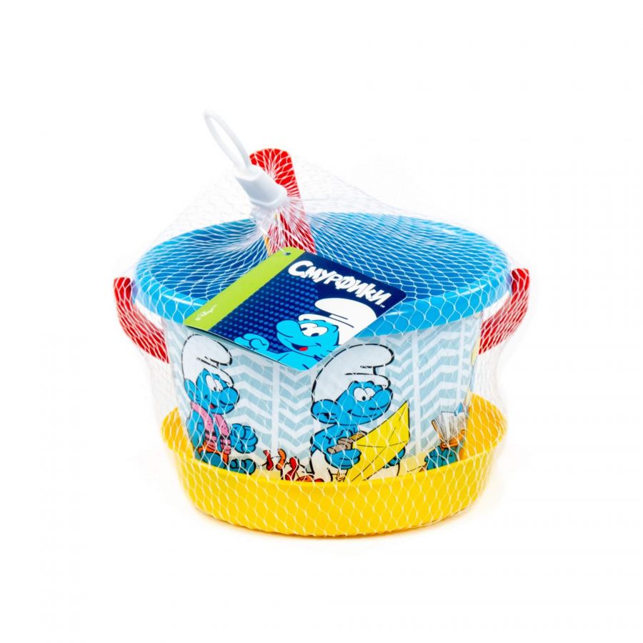 "Смурфики-5" набор №1: ведро среднее с наклейкой, ситечко, совок №2, грабельки №2