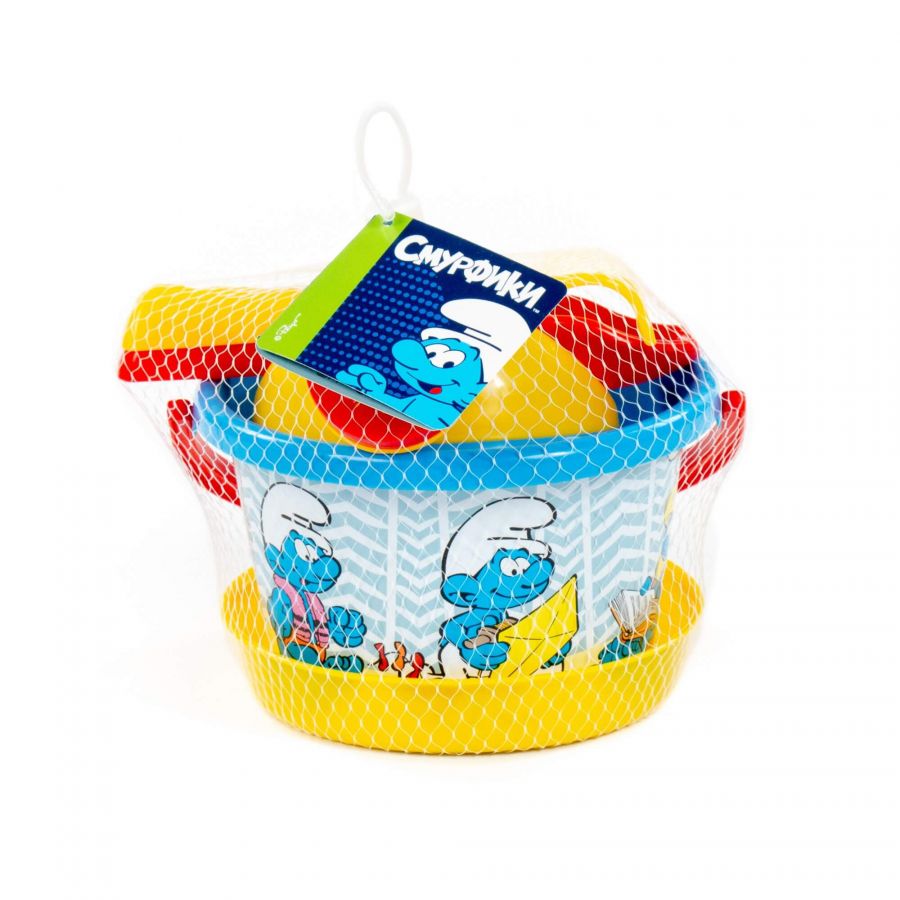 "Смурфики-5" набор №2: ведро среднее с наклейкой, ситечко, совок №2, грабельки №2, лейка малая №4