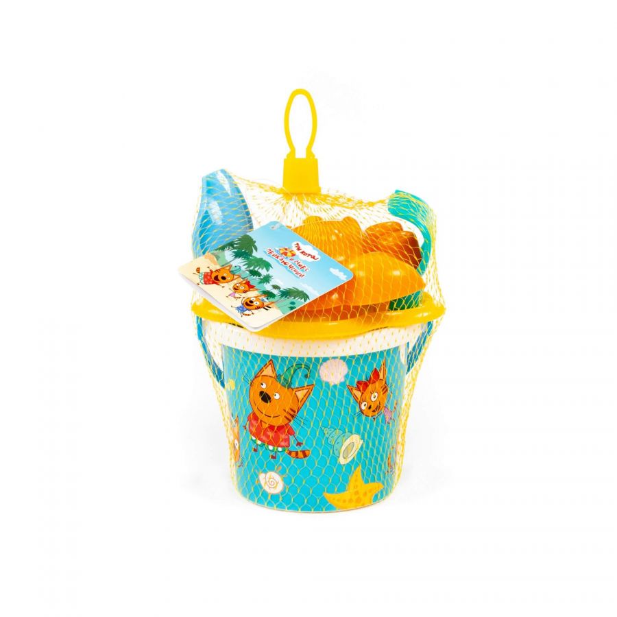 Песочный набор "Три кота и море приключений" №1: Ведро малое с наклейкой, ситечко-цветок, совок №2, грабельки №2, формочка (краб №2)