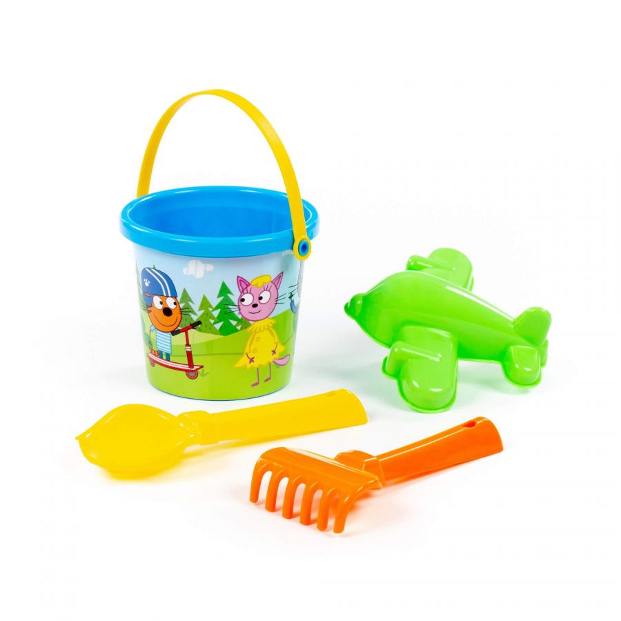 Песочный набор "Три кота. Мир приключений" №1: Ведро малое с наклейкой, совок №2, грабельки №2, формочка (самолёт)
