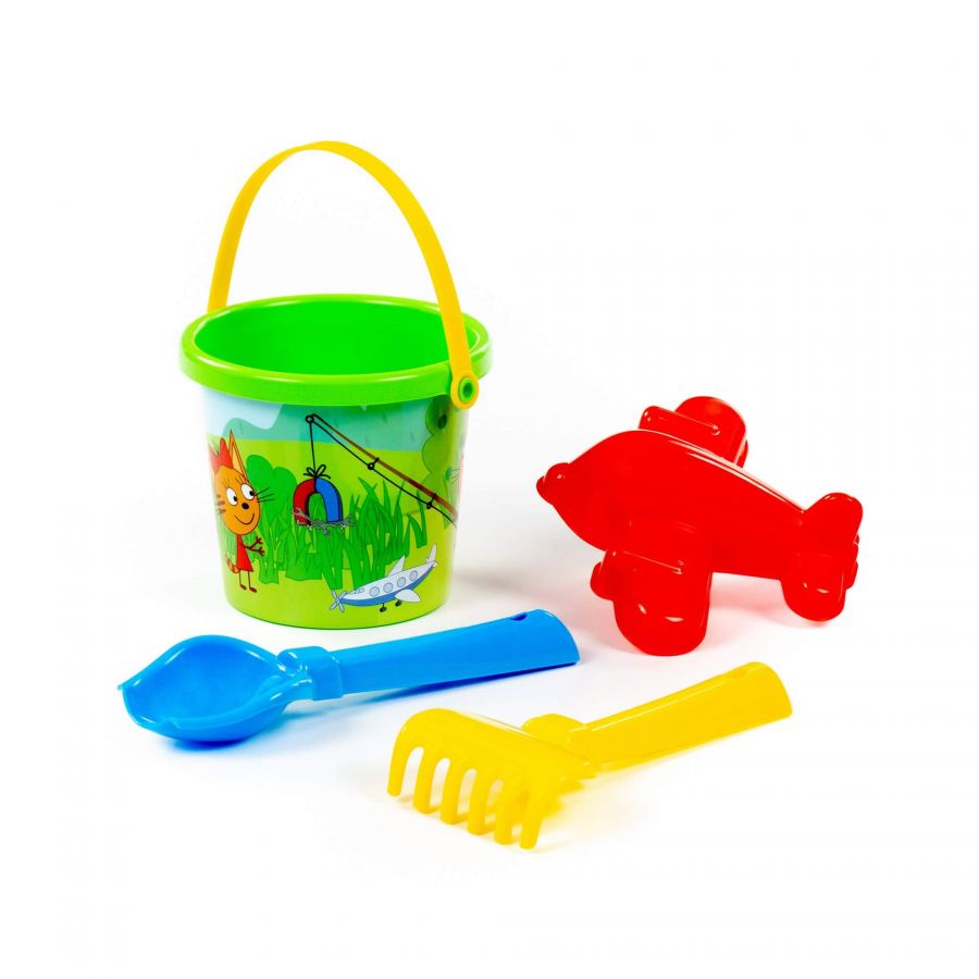 Песочный набор "Три кота. Мир приключений" №1: Ведро малое с наклейкой, совок №2, грабельки №2, формочка (самолёт)