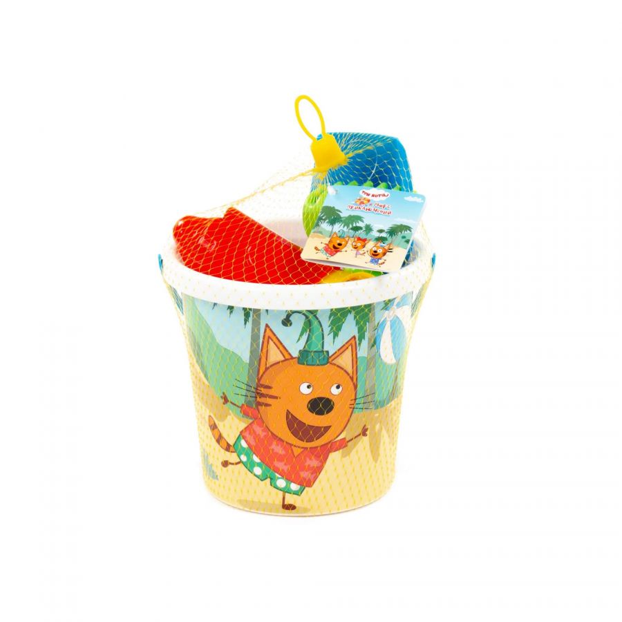 Песочный набор "Три кота и море приключений" №6: Ведро с наклейкой, лопатка №5, грабельки №5, формочки (замок мост + замок квадратный)