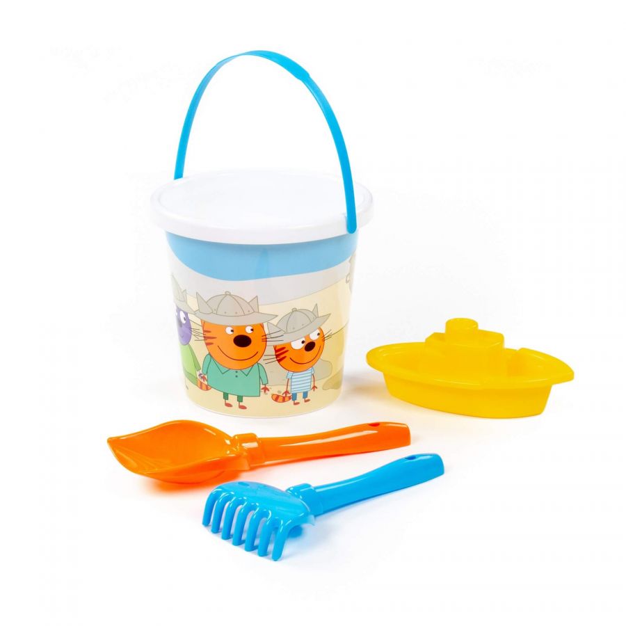Песочный набор "Три кота. Мир приключений" №5: Ведро с наклейкой, лопатка №5, грабельки №5, кораблик "Юнга-2"