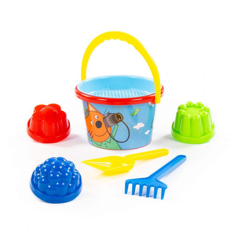 Песочный набор "Три кота" №3: Ведро среднее с наклейкой, ситечко, лопатка, грабельки, 3 формочки