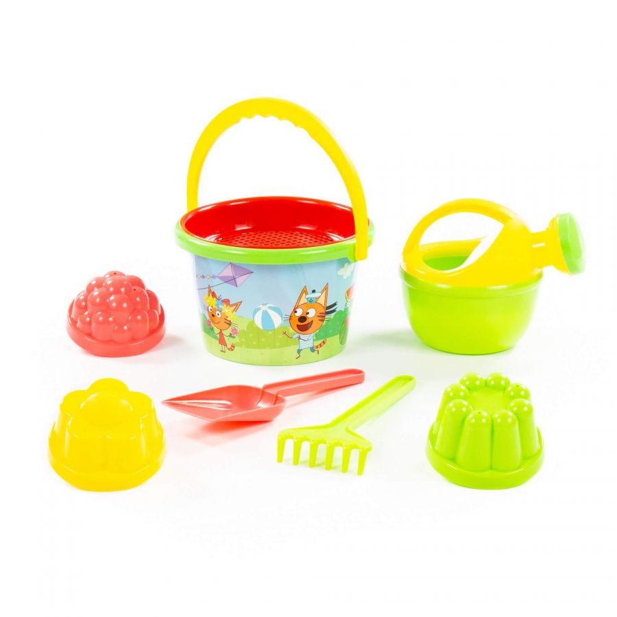 Песочный набор "Три кота" №4: Ведро среднее с наклейкой, ситечко, лопатка, грабельки, 3 формочки, лейка малая №4