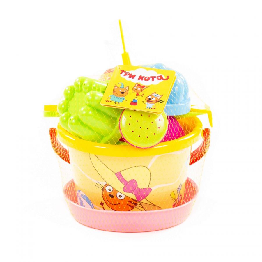 Песочный набор "Три кота" №4: Ведро среднее с наклейкой, ситечко, лопатка, грабельки, 3 формочки, лейка малая №4