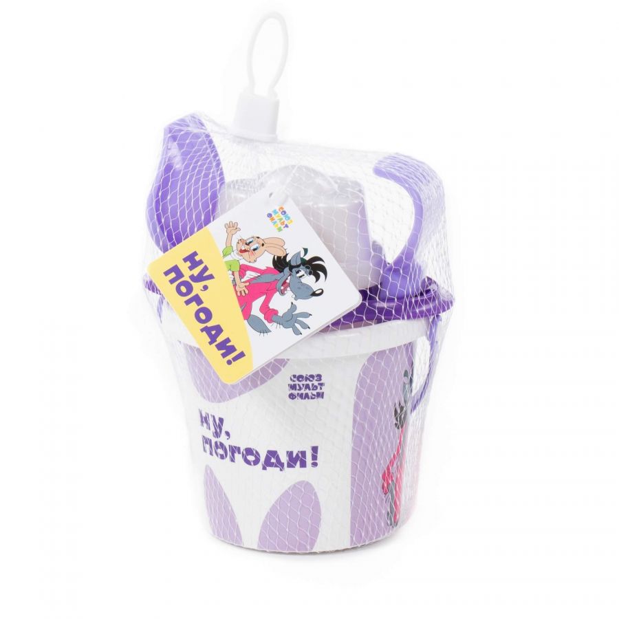 Набор "Ну, погоди!" №2: ведро малое с наклейкой, совок №2, грабельки №2, ситечко-цветок, 1 формочка