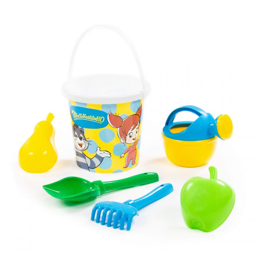 Набор "Простоквашино" №5: ведро с наклейкой, лопатка №5, грабельки №5, формочки (яблоко + груша), лейка малая №4