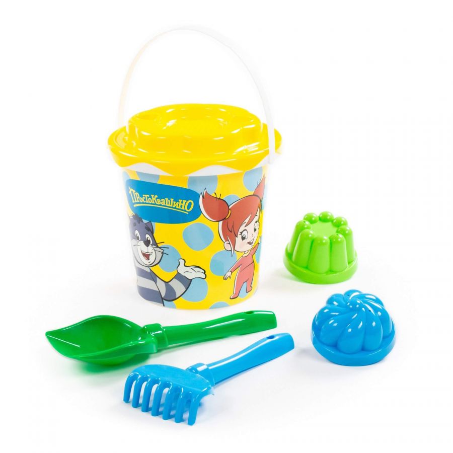 Набор "Простоквашино" №6: ведро с наклейкой, ситечко "Солнышко", лопатка №5, грабельки №5, 2 формочки