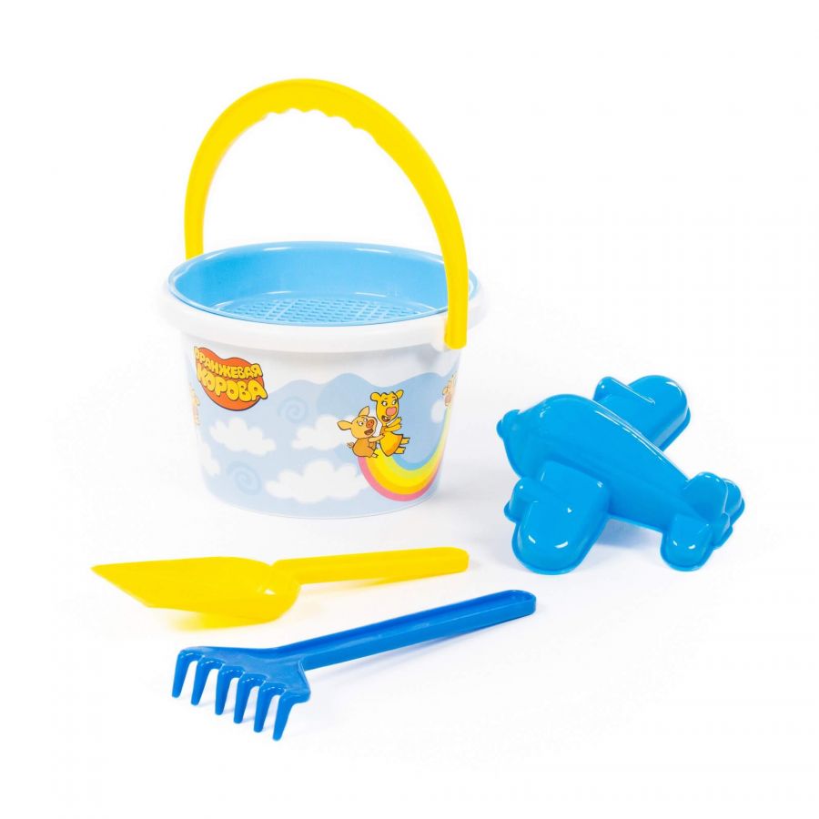 Набор "Оранжевая корова" №3: ведро среднее с наклейкой, ситечко, лопатка, грабельки, формочка (самолёт)