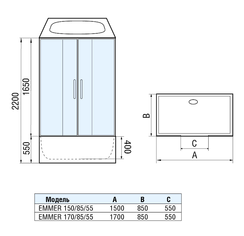 Душевой бокс WeltWasser WW500 Emmer 170/85/55-2 170х85 10000004660 профиль Хром стекло прозрачное схема 16