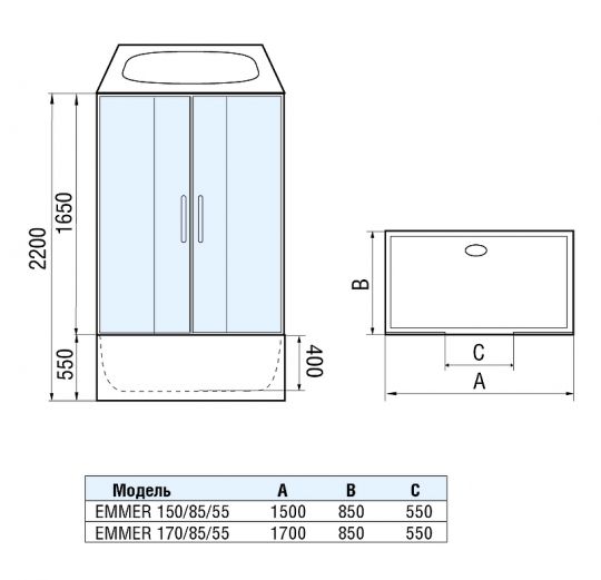 Душевой бокс WeltWasser WW500 Emmer 170/85/55-2 170х85 10000004660 профиль Хром стекло прозрачное схема 16