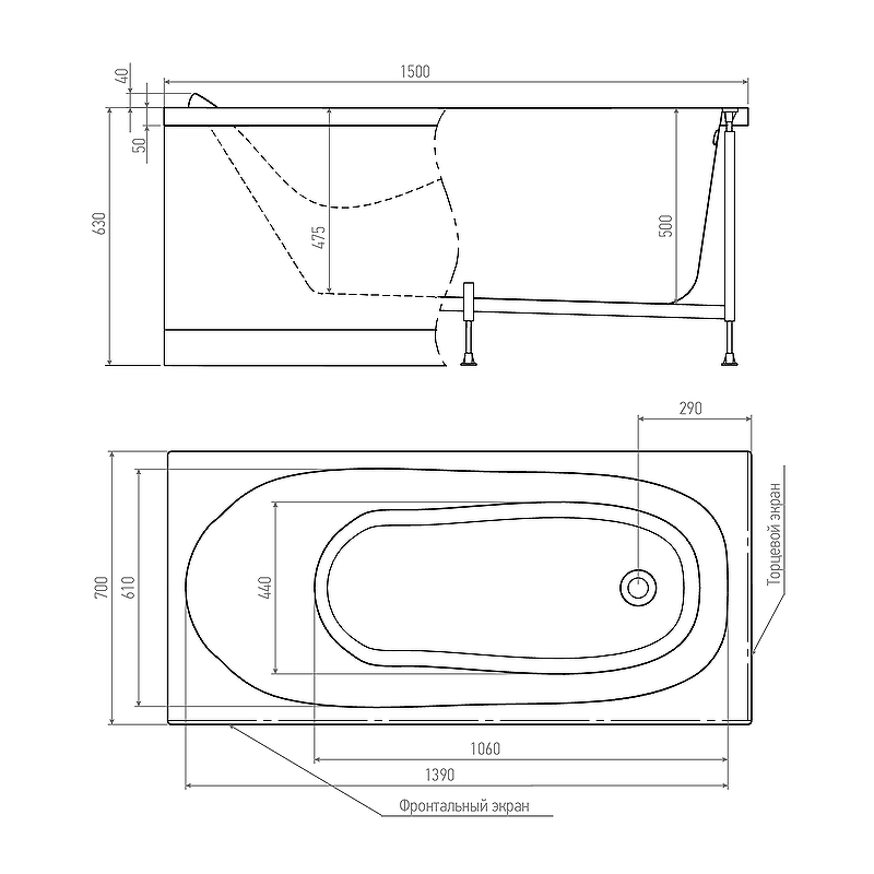 Акриловая ванна Timo Kilo 150x70 KILO1570 без гидромассажа схема 3