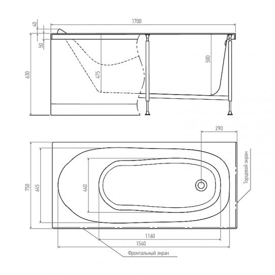 Акриловая ванна Timo Kilo 170x75 KILO1775 без гидромассажа схема 3