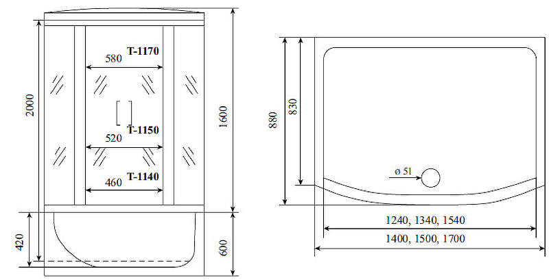 Душевой бокс Timo Standart 150x88 T-6650B без гидромассажа схема 5