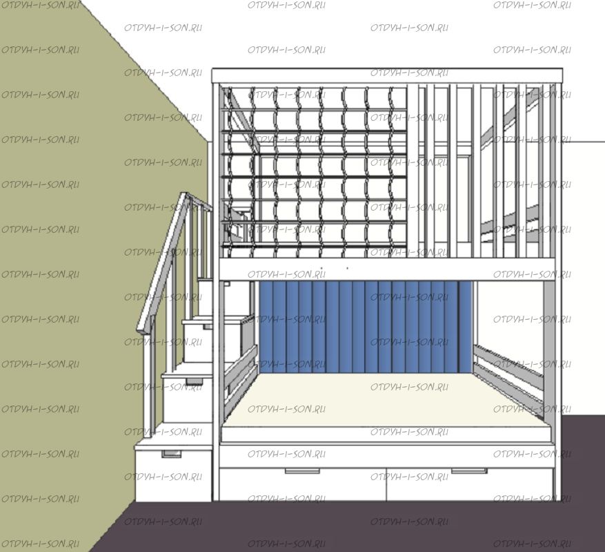 Кровать двухъярусная Домик Fairy Land Sky с мягкими панелями, Массив