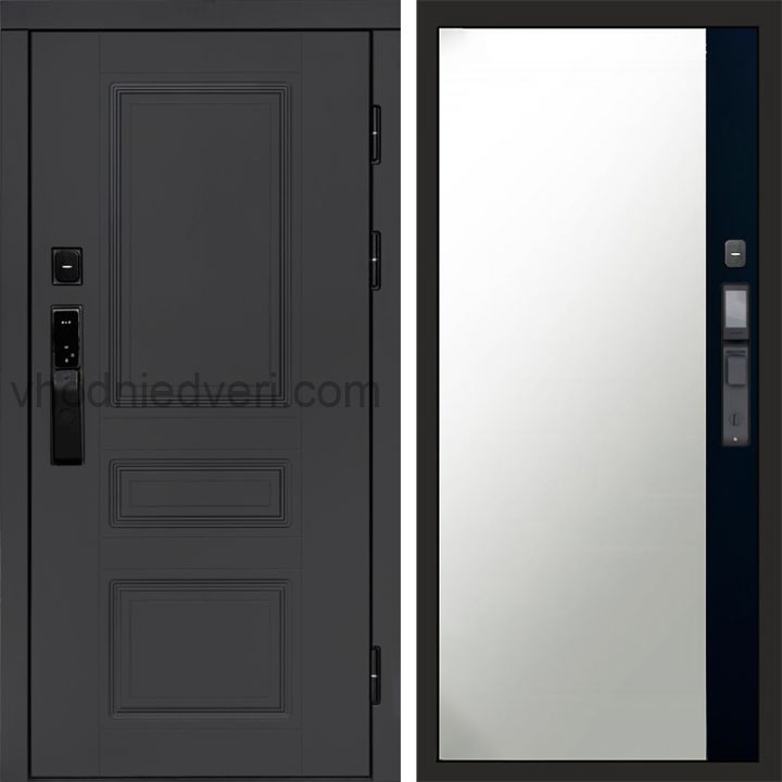 Входная дверь Termo-door ОРЕГОН ГРАФИТ с электрозамком - Широкое зеркало фацет Черный кварц