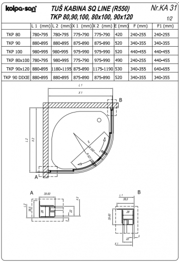 Душевая кабина Kolpa-San Q LINE TKP четверть круга 90х90 см схема 2