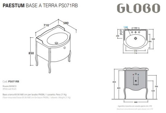 Тумба под раковину Globo Paestum PS071RB Rovere bianco 69Х56 схема 2