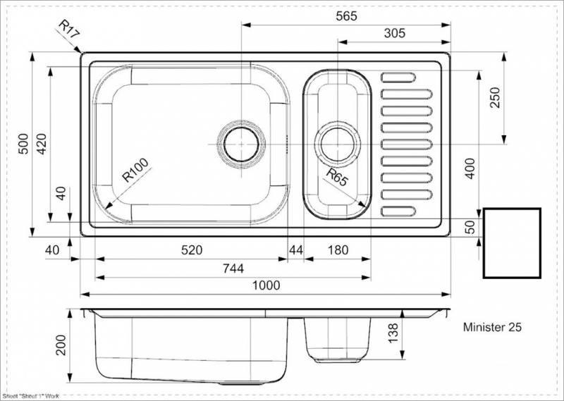 Мойка Reginox ELEGANCE Minister R25* (клапан-автомат, реверсивная) 100х50 см ФОТО