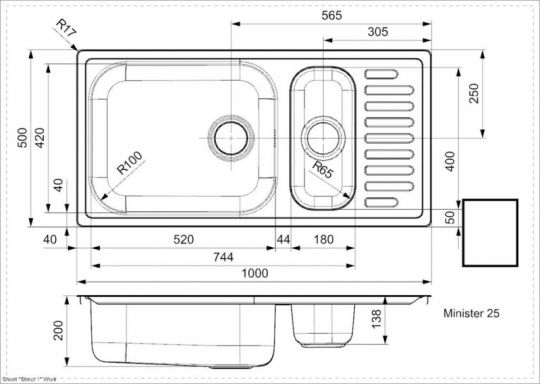 Мойка Reginox ELEGANCE Minister R25* (клапан-автомат, реверсивная) 100х50 см схема 2